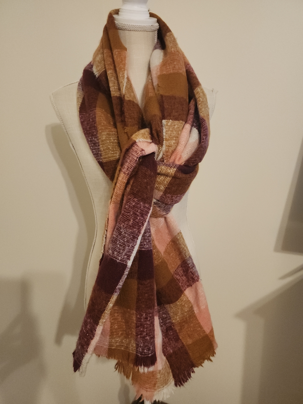 Classic Plaid Fringe Scarf in Mustard, Burgundy & Blush